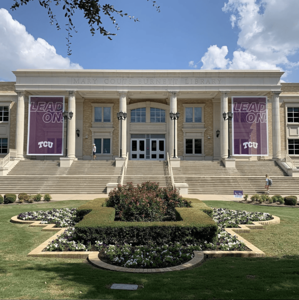 Students walk the steps of the Mary Couts Burnett Library. (Photo courtesy of @tculibrary on Instagram) 